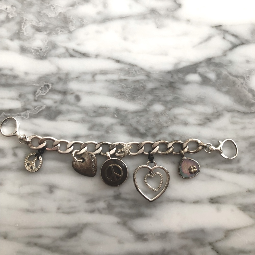 Silvertone charm bracelet hearts peace signs